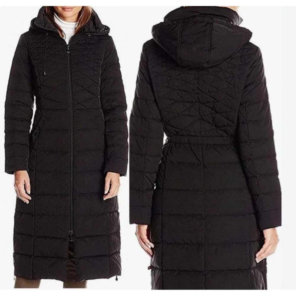 BERNARDO Quilted CALF Long Coat JACKET EcoPlume Fill HOODED ZIPPER  L Puffer - Picture 2 of 10